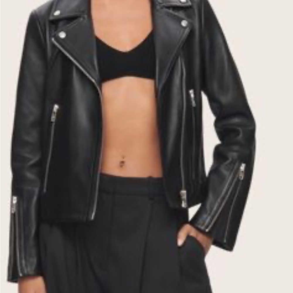 DSTLD Black Leather Biker Jacket for Women